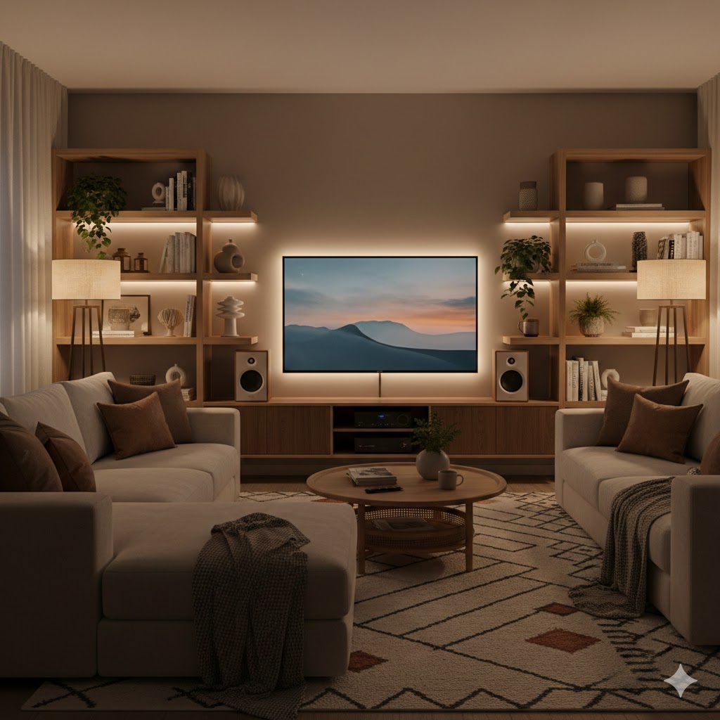 Bookshelf Speakers, Mini Theater Lighting and digital, social and Gaming-Friendly Living Rooms space