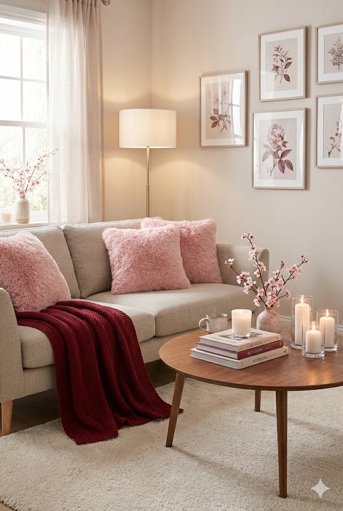 Cherry blossom pink and cherry red home décor blended in a cozy living room showing a smooth transition from spring pastels to deep seasonal tones.