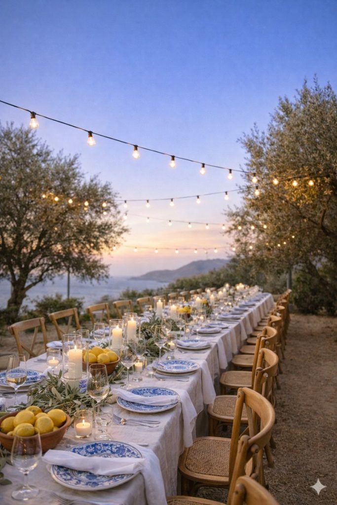 Outdoor Mediterranean Blue Skies Wedding, Italian and greek wedding style decor