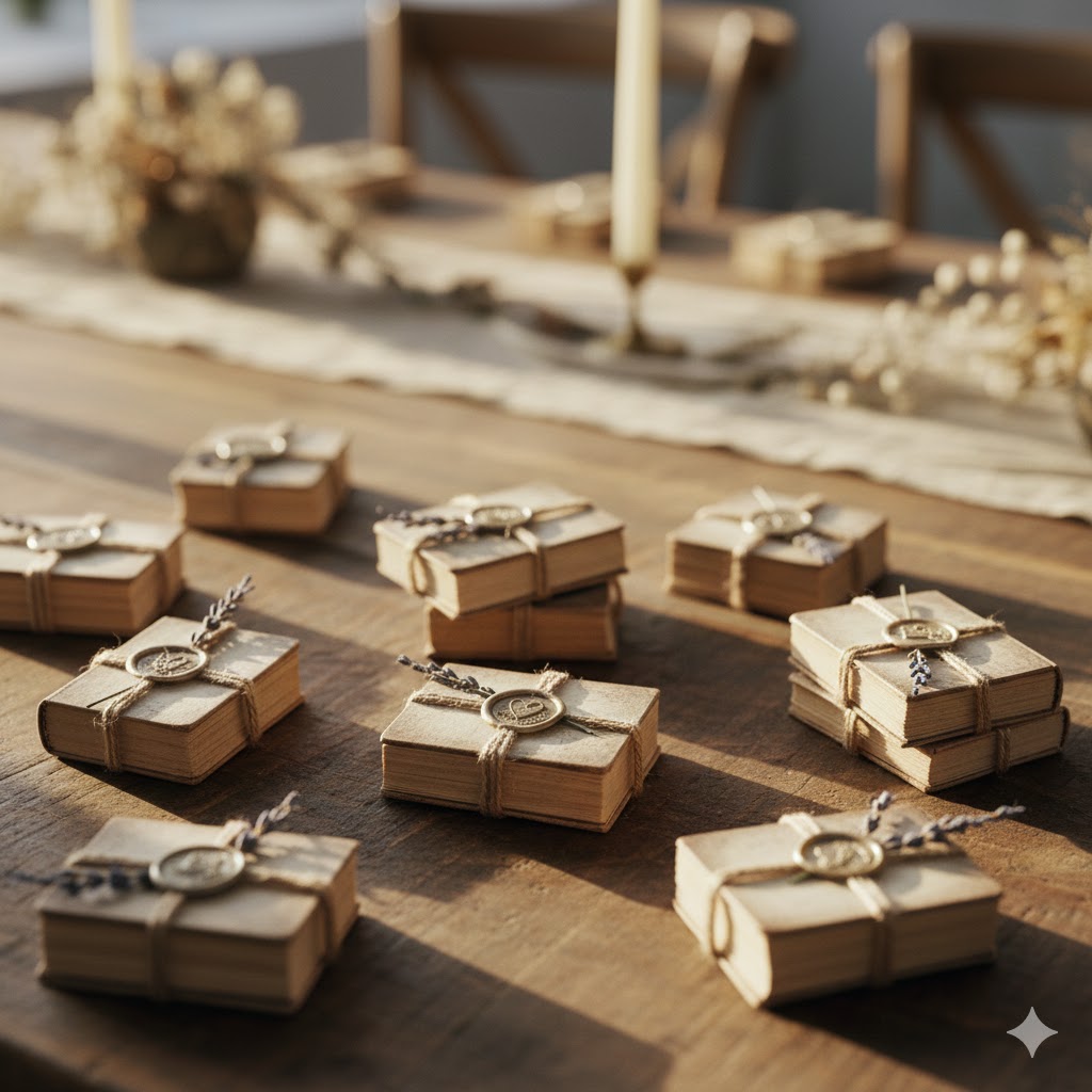 Mini vintage-style books tied with twine and wax seals