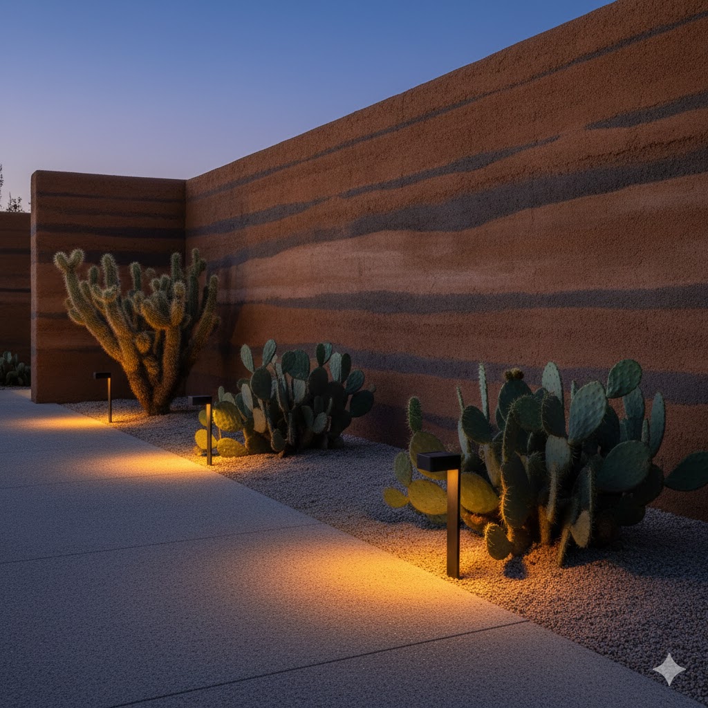 A minimalist desert garden at twilight