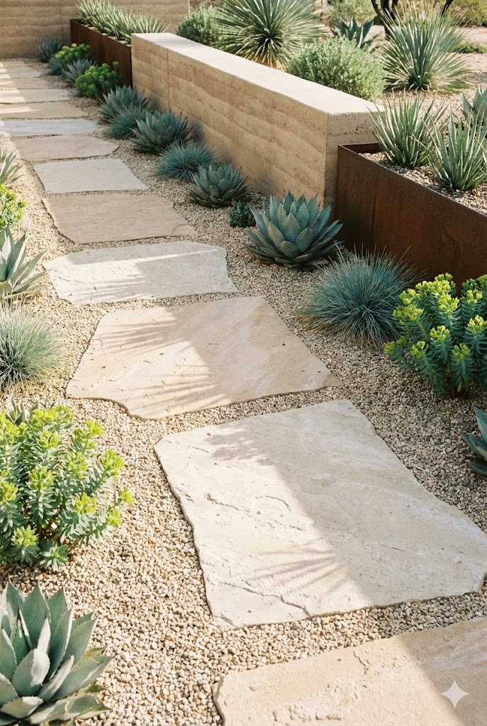 Minimalist desert garden pathway made of large stone slabs set in pale gravel