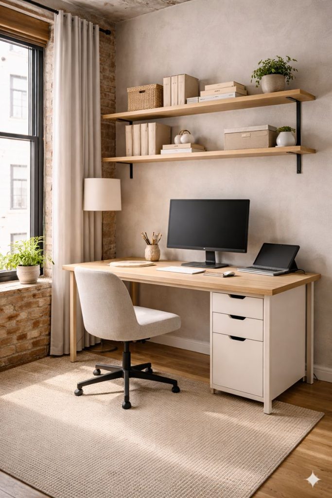 Loft Office Corner with wall mounted shelves
