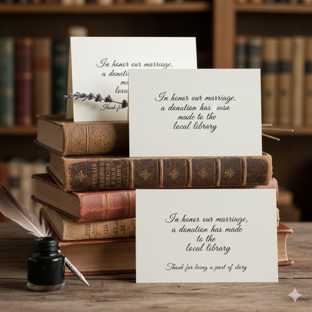 wedding favor cards announcing a library or literacy donation