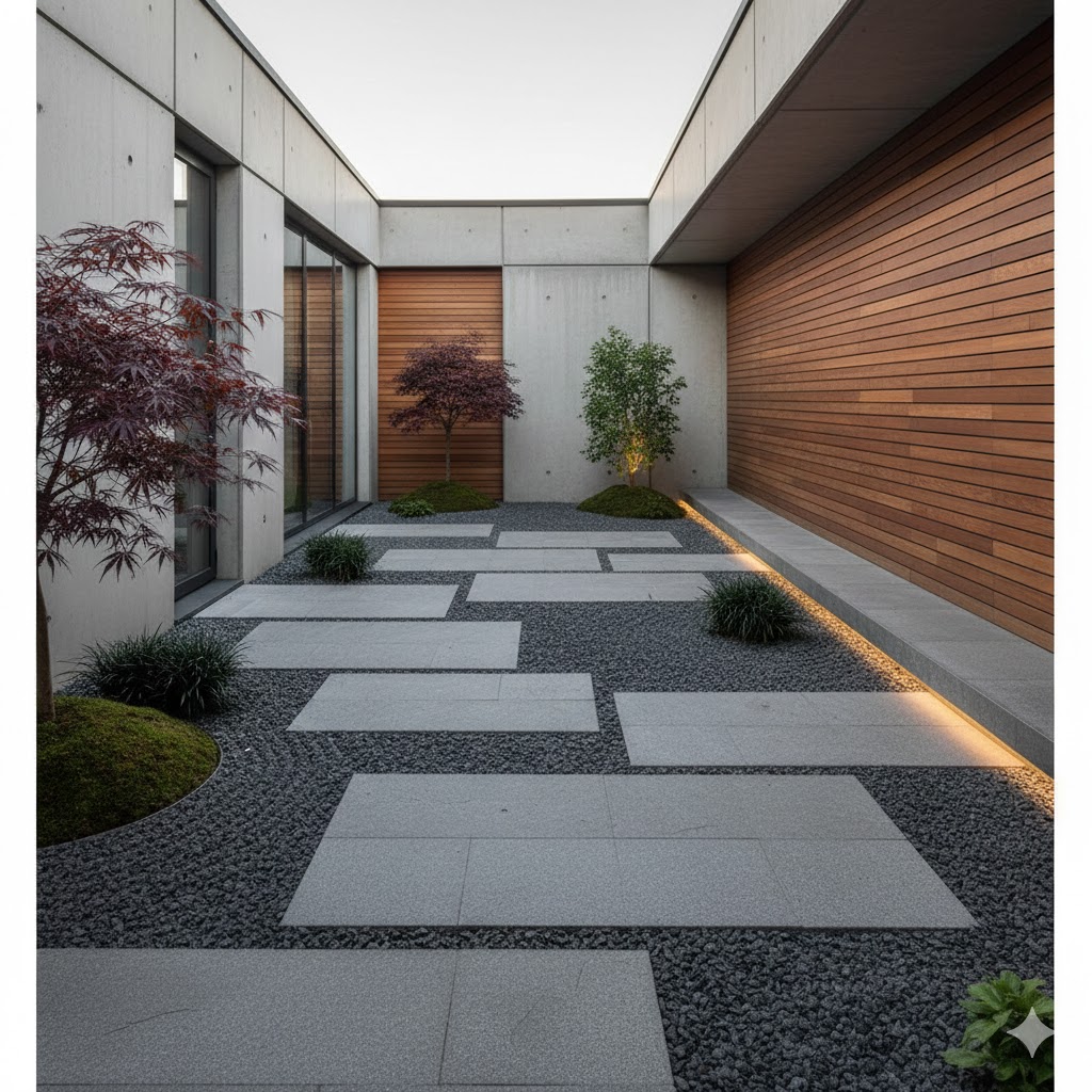 Modern Zen Courtyard landscaping inspired by zen principles, featuring geometric stone paths