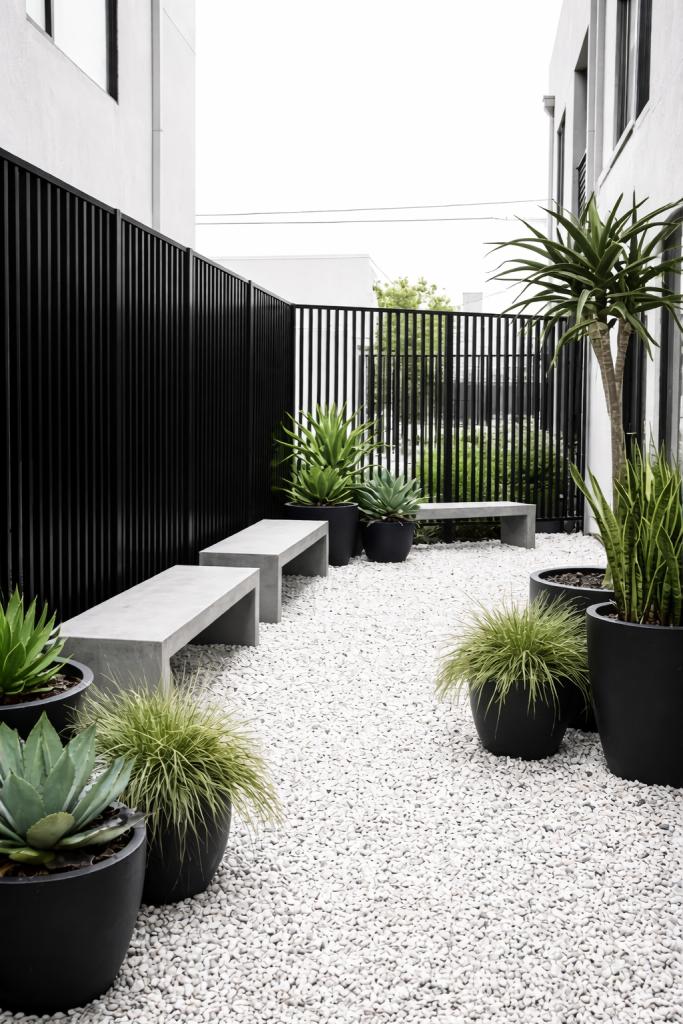 A black and white modern courtyard garden with white gravel ground