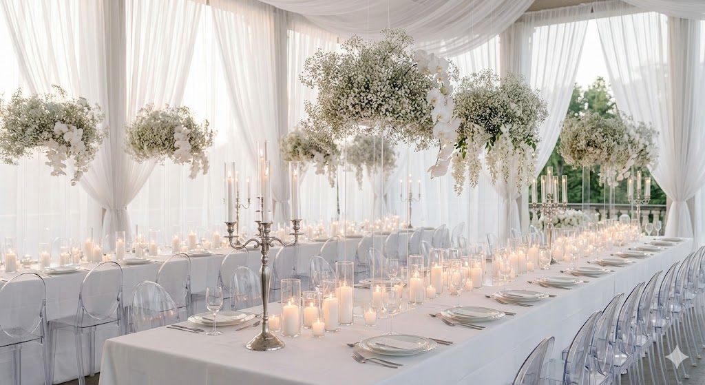 Modern Fairytale Wedding ceremony setup with white and silver color