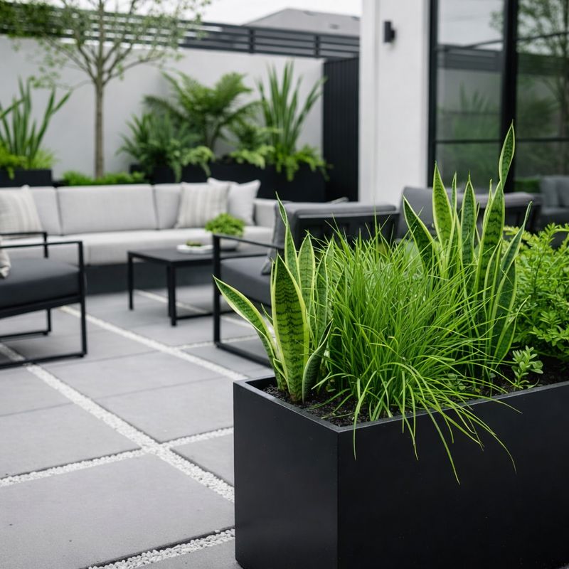 a monochrome modern gardenโconcrete, gravel, matte black planters, and lush green foliage.