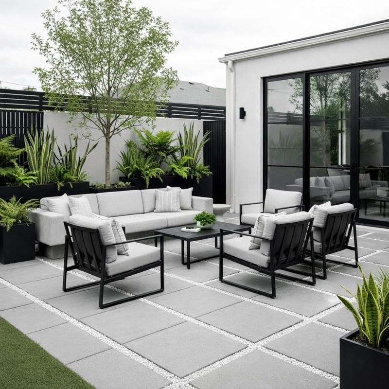 A luxury monochrome backyard with concrete seating, neutral outdoor furniture and minimalist dรฉcor.