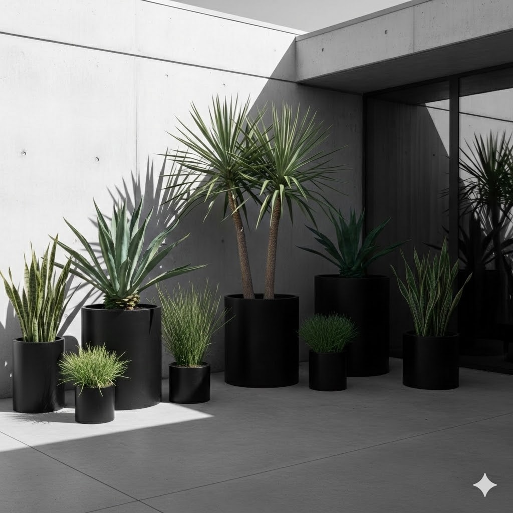 monochrome garden showcasing architectural plants
