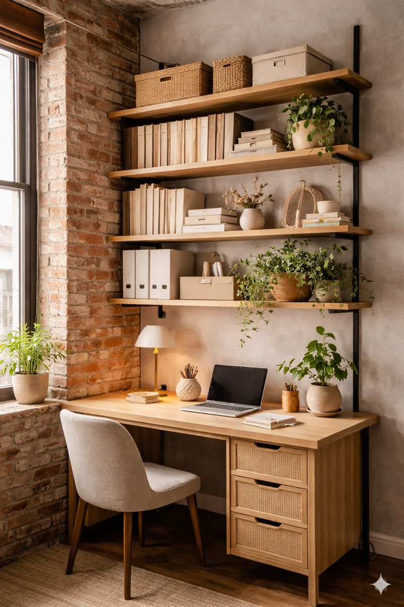 Loft Office Corner with induustrial shelves