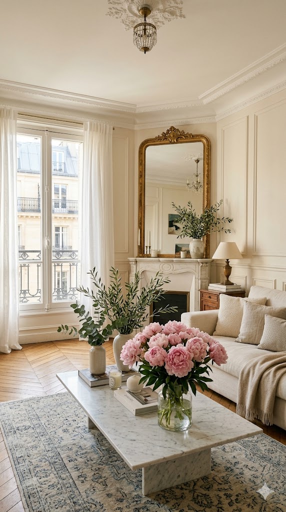 Elegant Parisian apartment living room styled with fresh florals and greenery