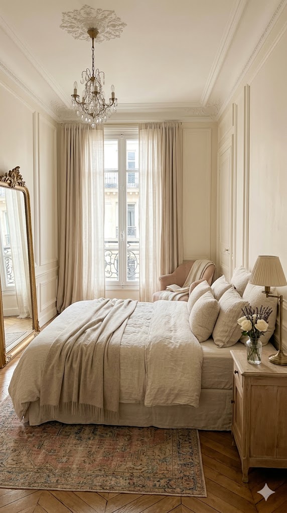 Parisian bedroom interior with soft layered textiles