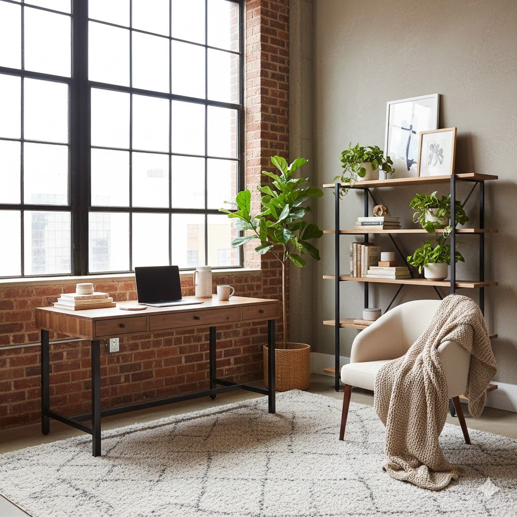 Loft Office corner or creative workspace near window industrial shelves indoor plants