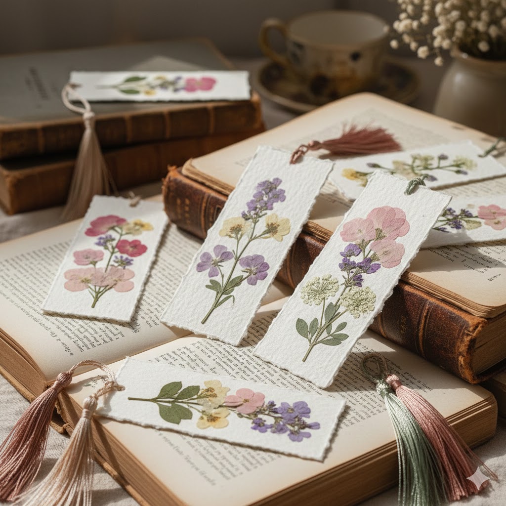 Pressed flower bookmarks made from handmade paper, romantic cottagecore book lover wedding aesthetic