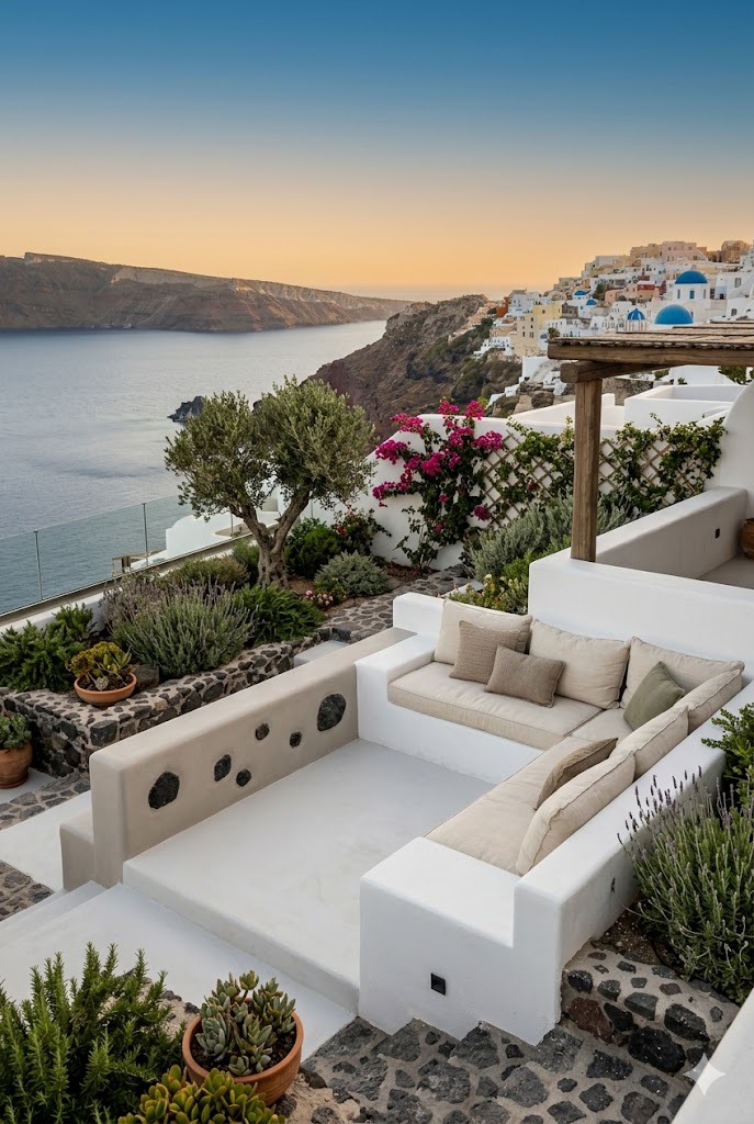 Santorini-inspired terrace garden with stepped white platforms, built-in concrete seating