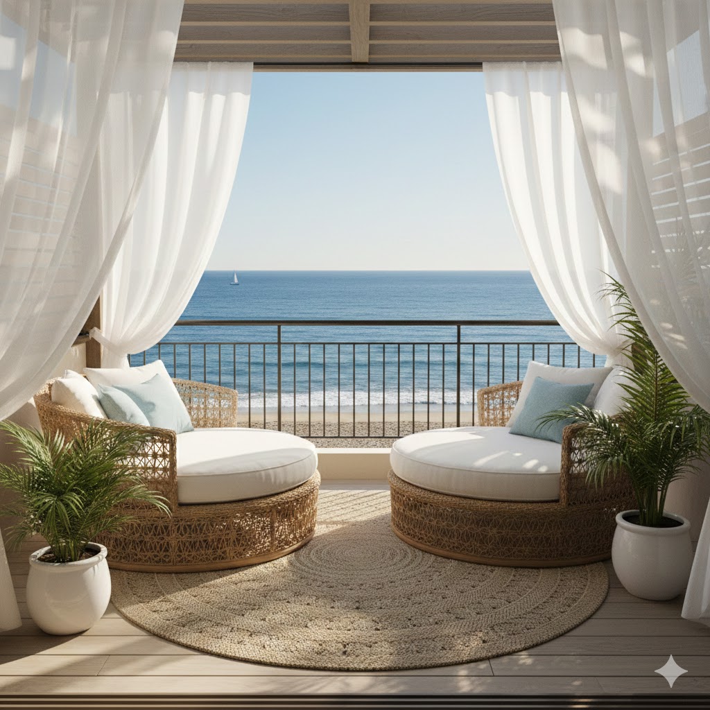 A serene seaside apartment balcony styled with coastal décor, featuring rattan lounge chairs