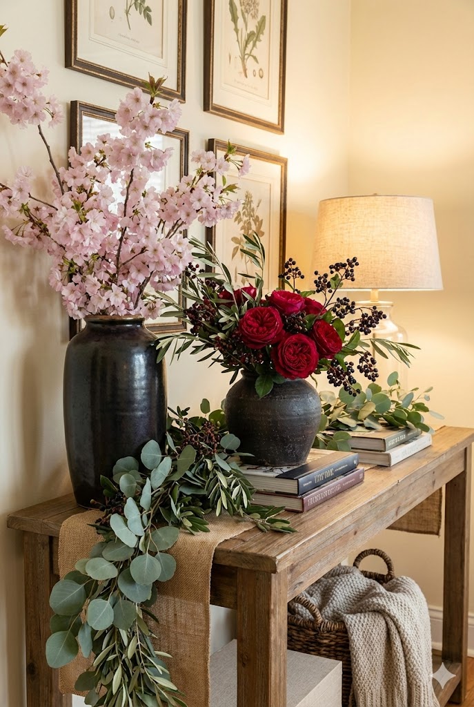 Seasonal floral styling featuring soft pink blossoms transitioning into deep red roses with natural greenery and ceramic vases.