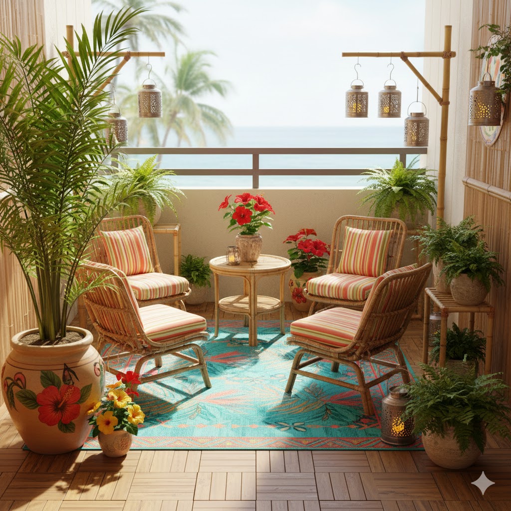 small Caribbean-style balcony with potted palms and  hibiscus plants