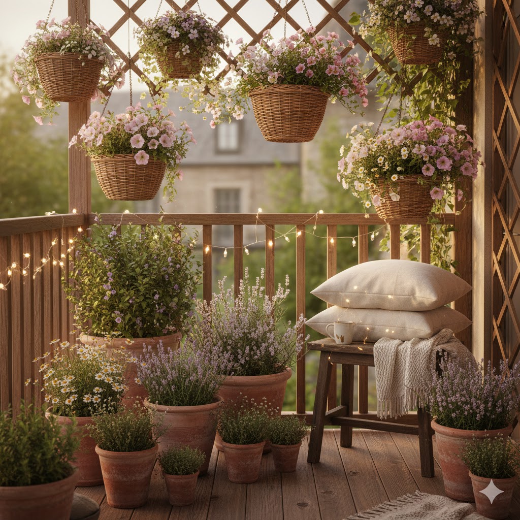 A small cottagecore balcony garden, romantic European garden vibe