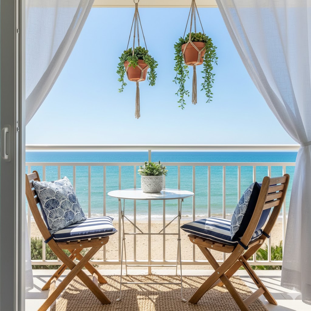 A small seaside apartment balcony with space-saving furniture and ocean-inspired décor