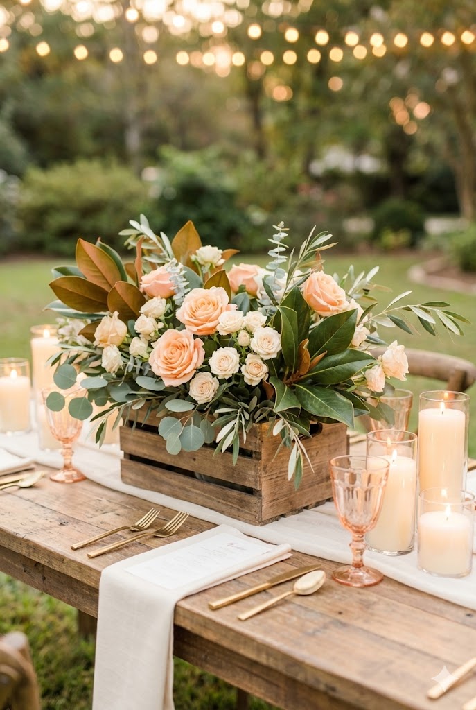 Magnolia-Peach Reception Tablescape for Southern Charm Wedding