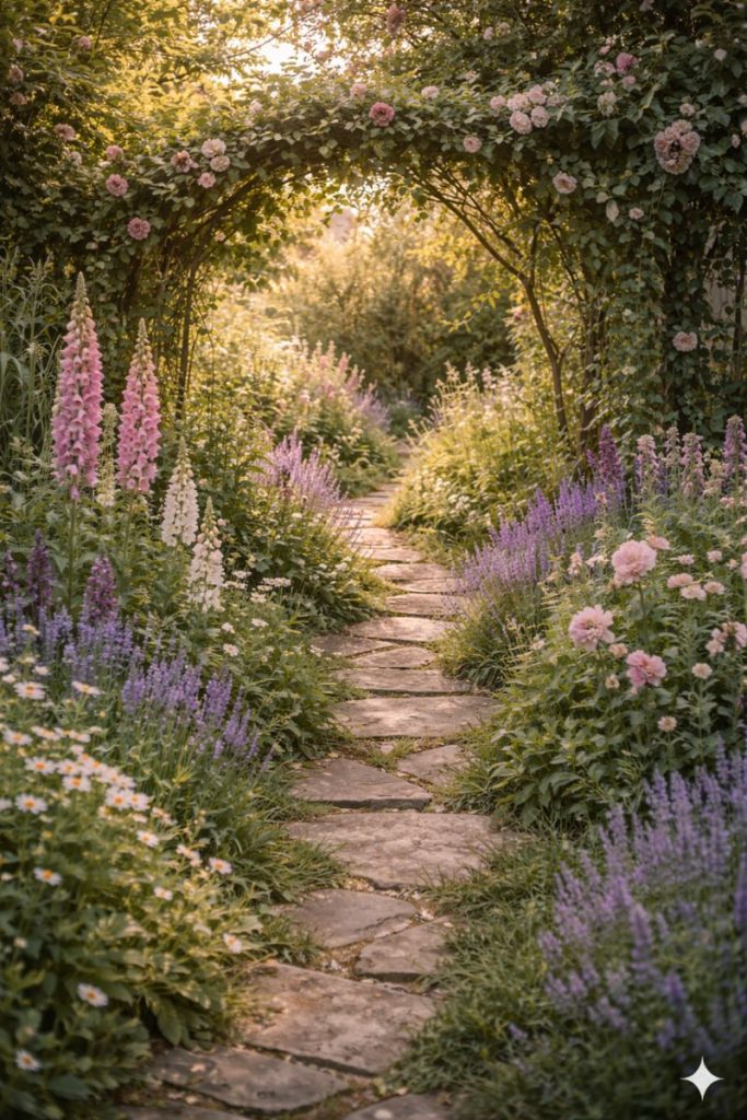 A romantic cottagecore garden pathway lined with wildflowers, foxgloves, lavender, and climbing vines