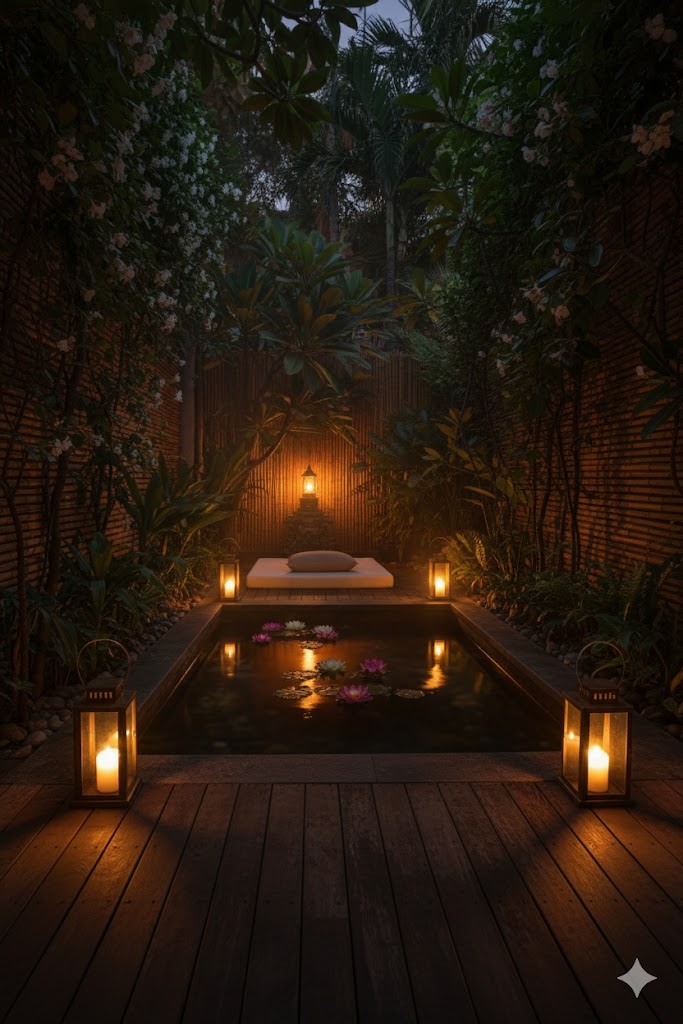 Thai spa garden at dusk with candle lanterns, stone lights, tropical plants