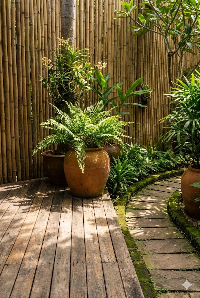 Thai spa garden materials including teak wood decking, bamboo fencing, terracotta pots, stone pathways, lush green plants