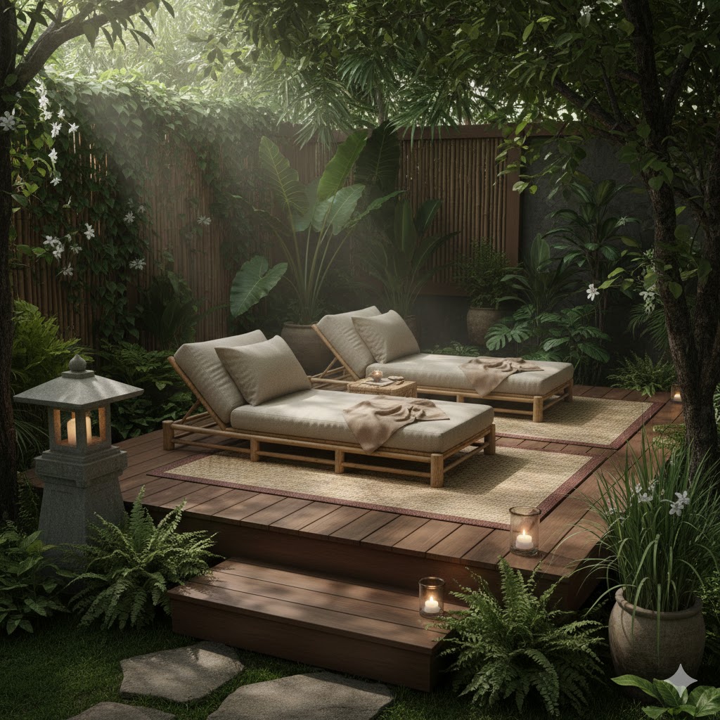 Thai spa garden meditation area with bamboo loungers, wooden platform
