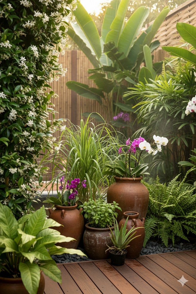 Thai spa garden view with jasmine, orchids, lemongrass, lush tropical foliage