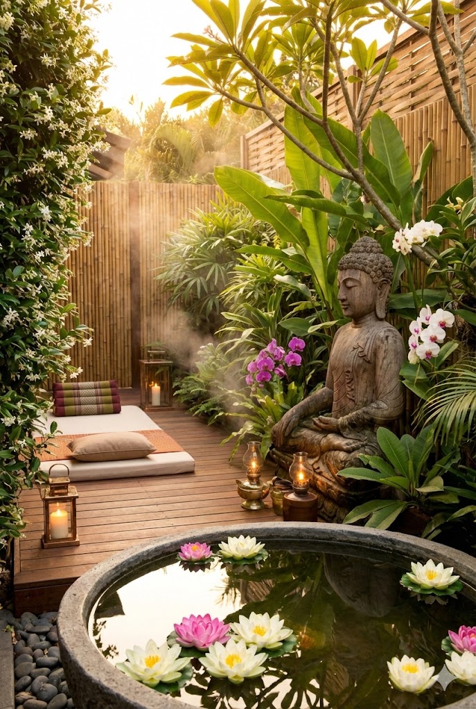 A tranquil Thai spa garden with lush tropical greenery, floating lotus flowers, a carved Buddha statue, teak wood decking and bamboo fencing