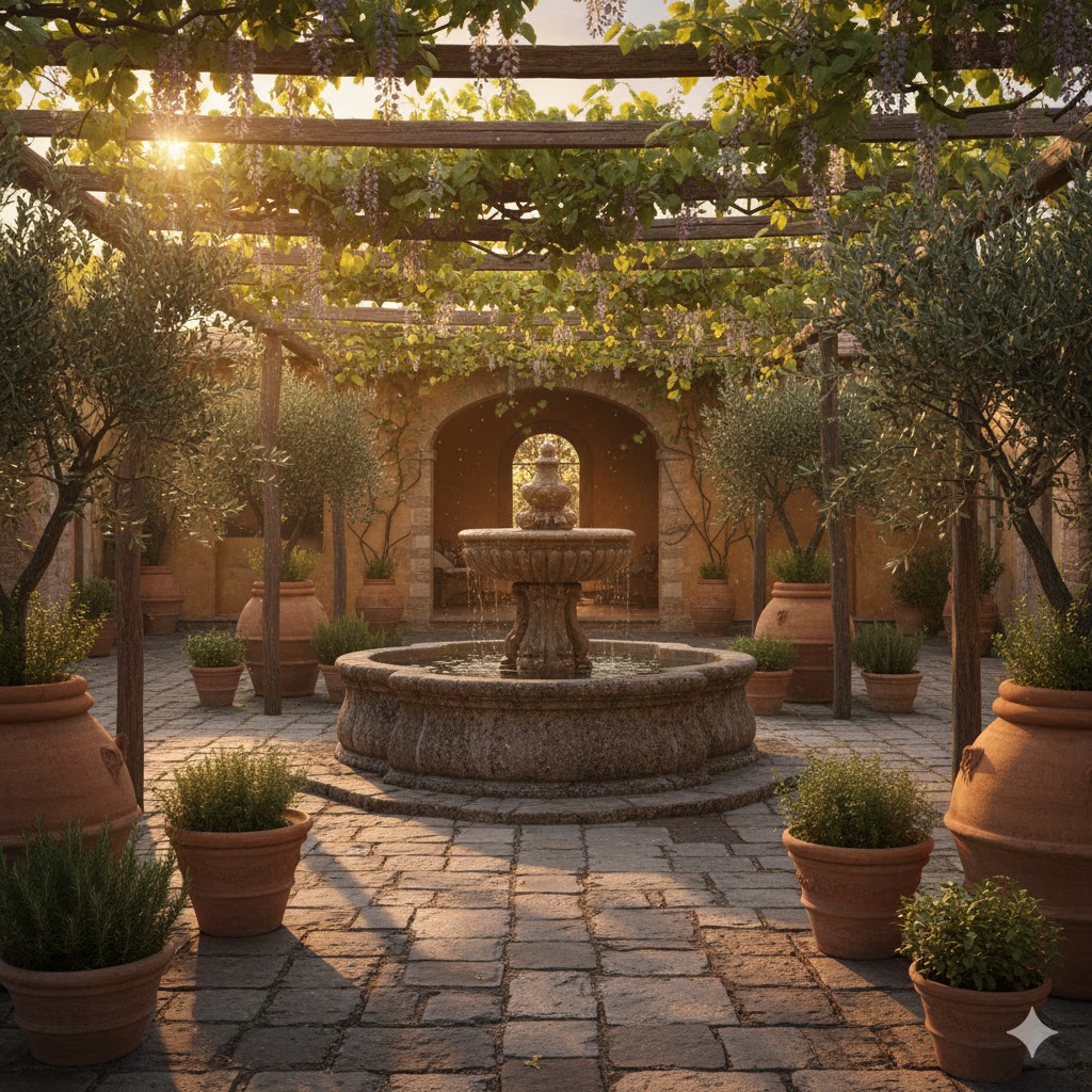 Outdoor Tuscan Courtyards: Stone Patios, Vine-Covered Arches & Fountain Ideas