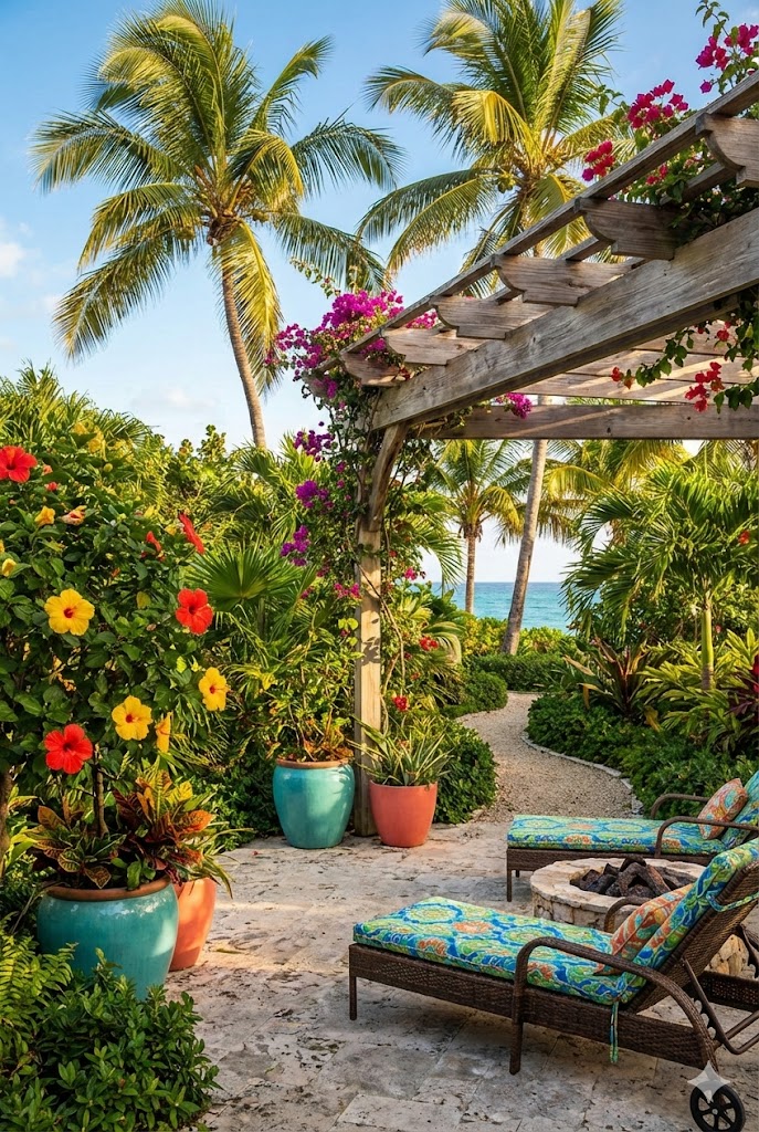 Caribbean-style garden seating area with hibiscus flowers, pink bougainvillea and pergola
