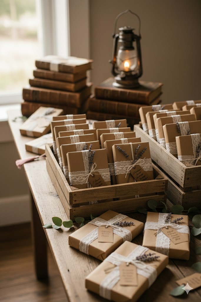 Blind date with a book wedding favor display featuring wrapped books in kraft paper, handwritten tags with romantic descriptions