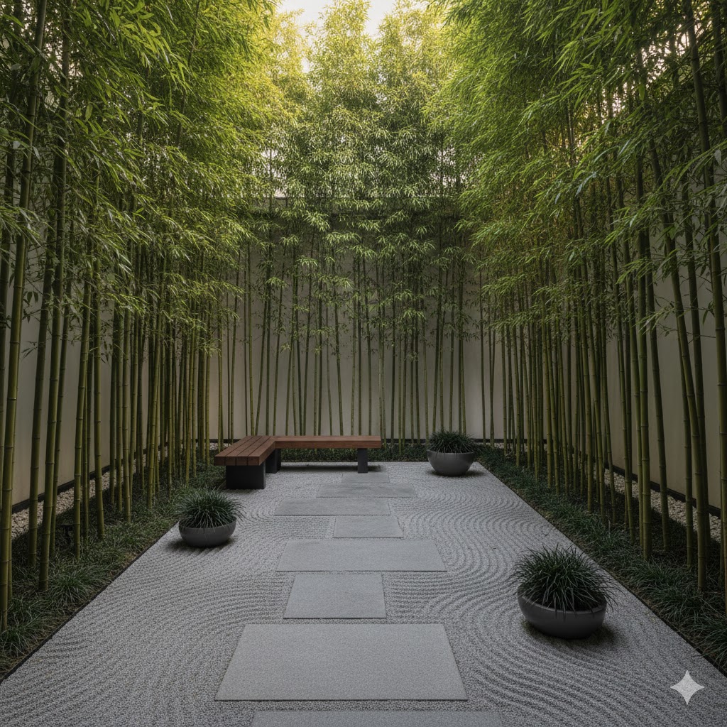 modern zen courtyard garden with tall bamboo screens creating privacy, gravel flooring, stone stepping paths, and minimalist seating