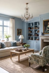 Dusty Blue Home Décor, Dusty Blue built-in bookshelf, Dusty Blue living room