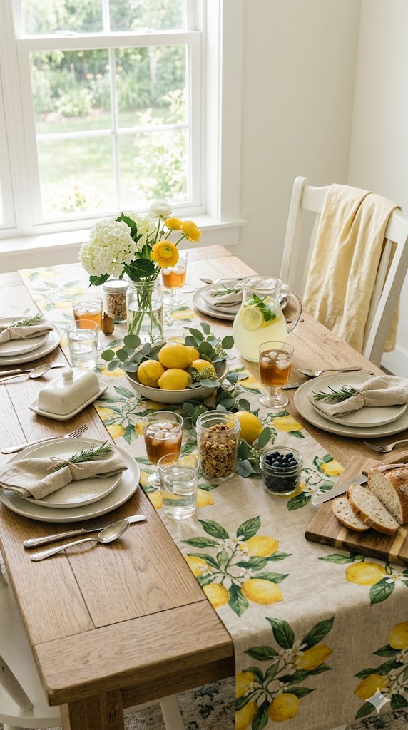 farmhouse lemon-themed kitchen table with lemon-printed table runner, white plates, glass jars, soft natural light, neutral tones with yellow accents, cozy summer decor