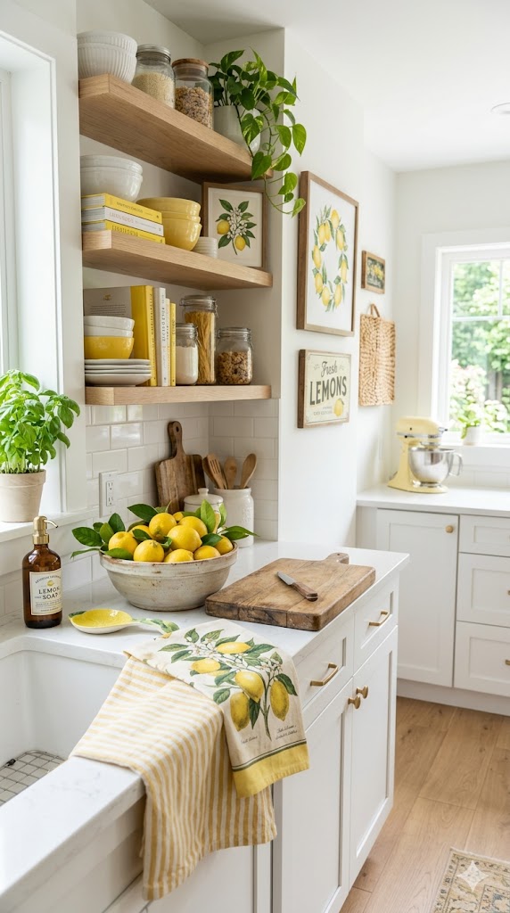 fully styled lemon-themed kitchen scene with layered décor, lemons, textiles, wall art, plants, bright and airy