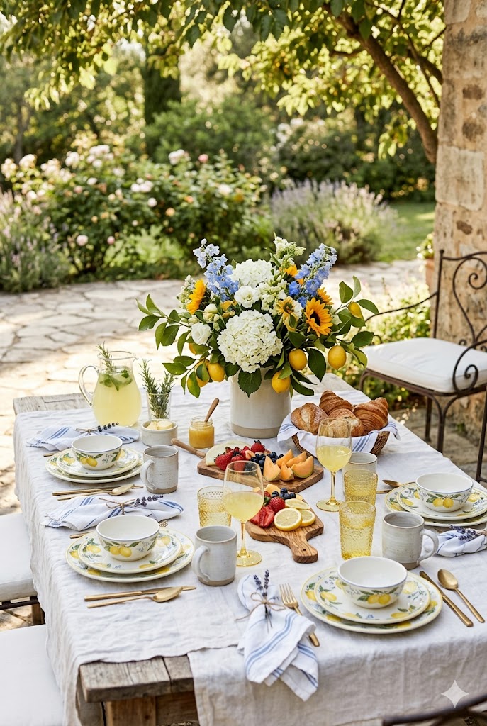 fully styled lemon-themed kitchen scene with layered décor, lemons, textiles, wall art, plants, bright and airy