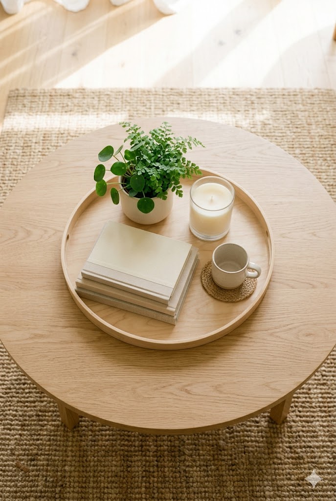 Minimal coffee table styling with wood tray, plant, candle, books, summer aesthetic