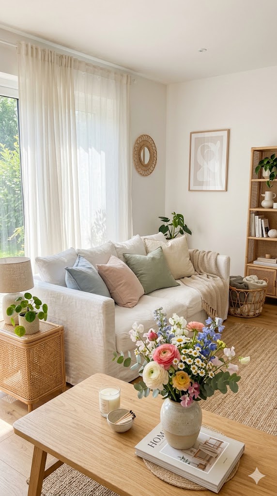 A bright, airy living room styled for summer home decor