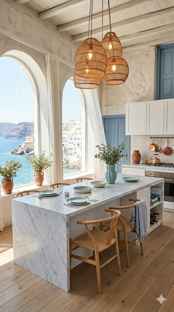 Modern coastal kitchen with airy Aegean-inspired design and natural coastal textures.