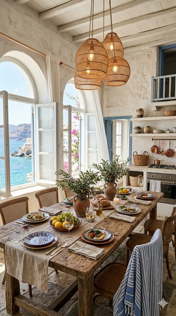 Alfresco-style indoor dining in a coastal-inspired kitchen with Aegean Mediterranean décor and rustic seaside charm.