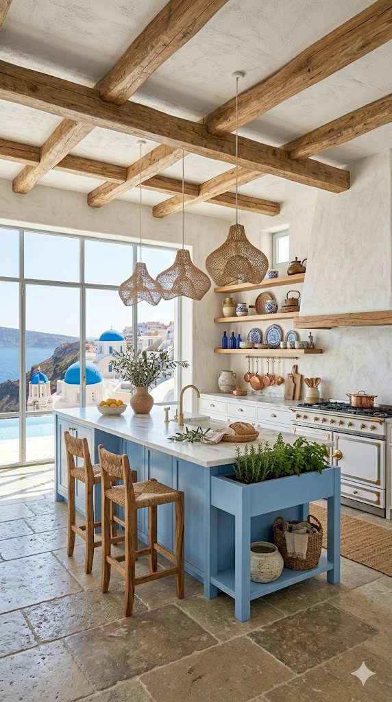 Blue and white kitchen ideas with Mediterranean coastal styling and Greek island-inspired décor.