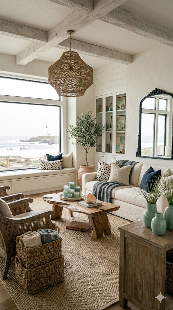 Luxury coastal farmhouse living room with Dalmatian print accents