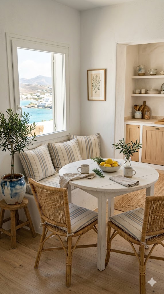 oastal-inspired kitchen dining nook with Mediterranean textures and relaxed seaside charm.