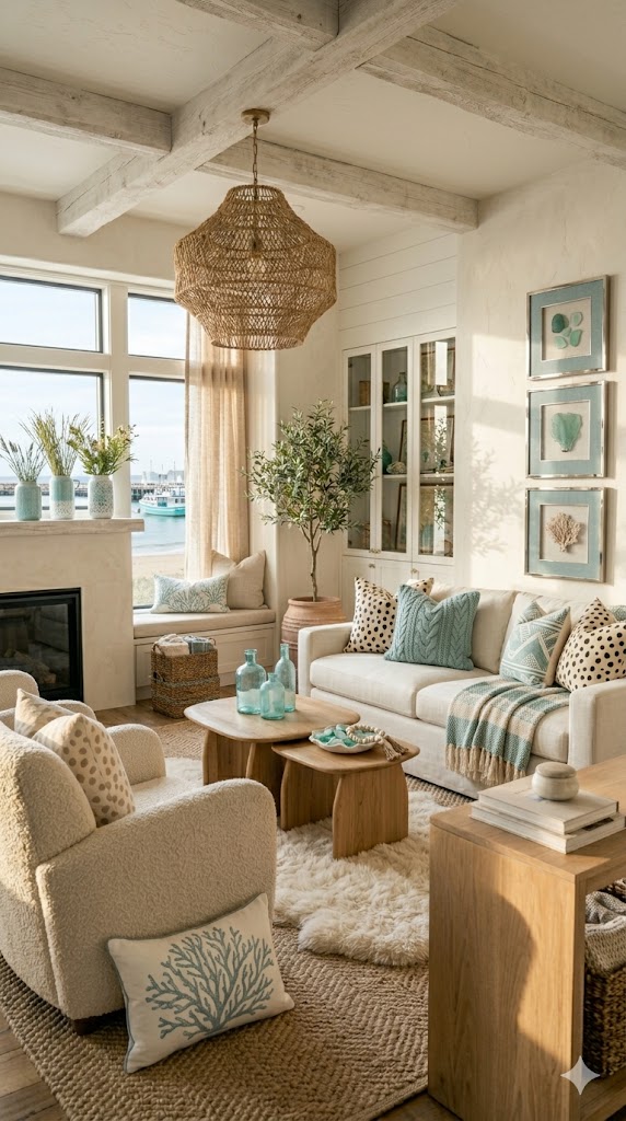 Stylish Dalmatian coastal living room with layered textures