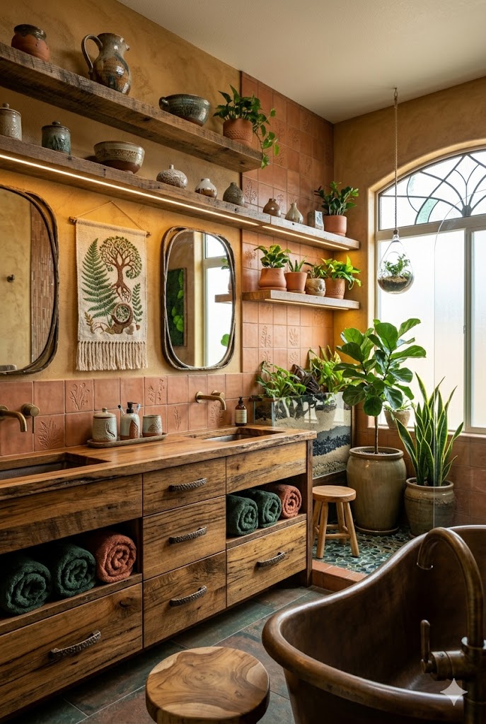 Solarpunk bathroom with handmade pottery and botanical artwork