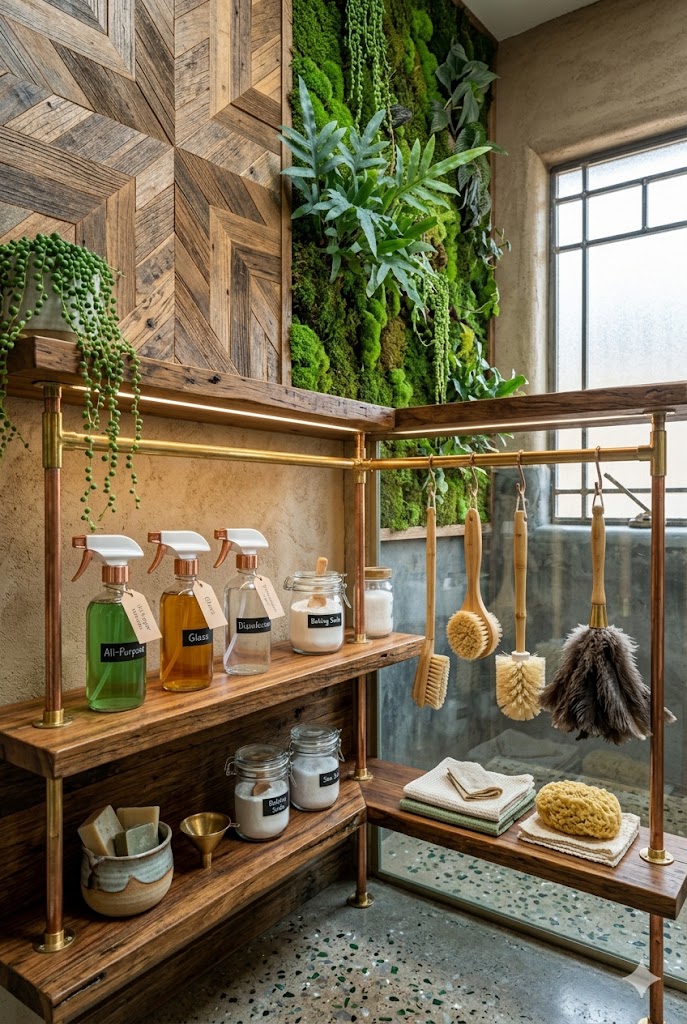 Eco-friendly cleaning station in Solarpunk bathroom